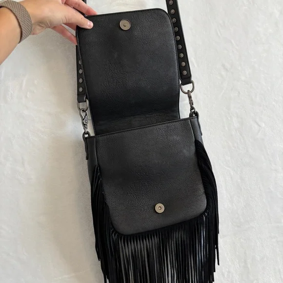 Montana West black leather Fringe Mariposa silver turquoise cross body bag purse - Picture 7 of 16